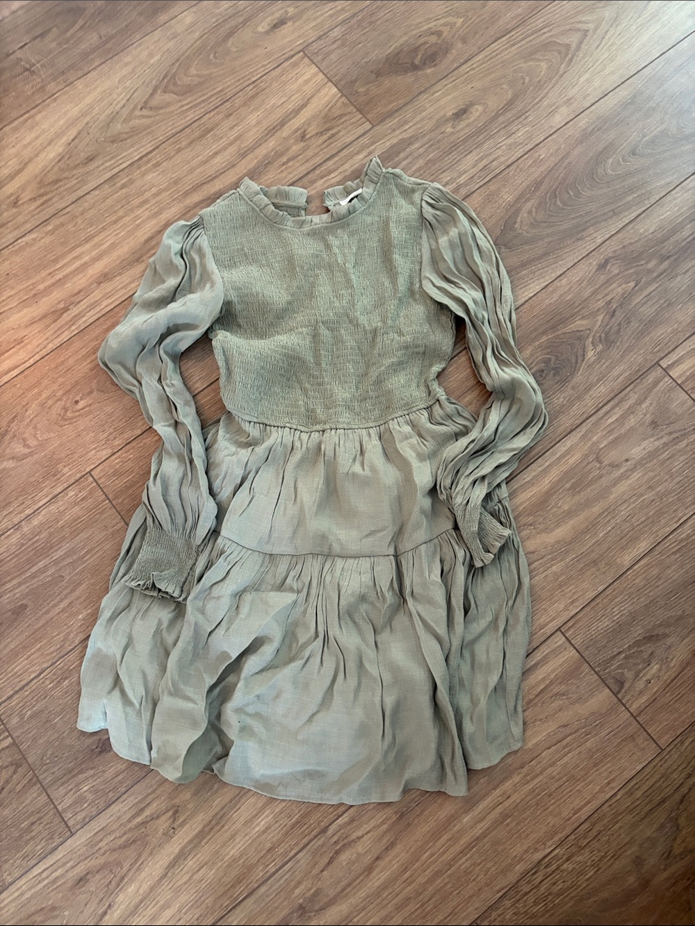 Blu Pepper Olive Green Long Sleeve Tiered Dress
